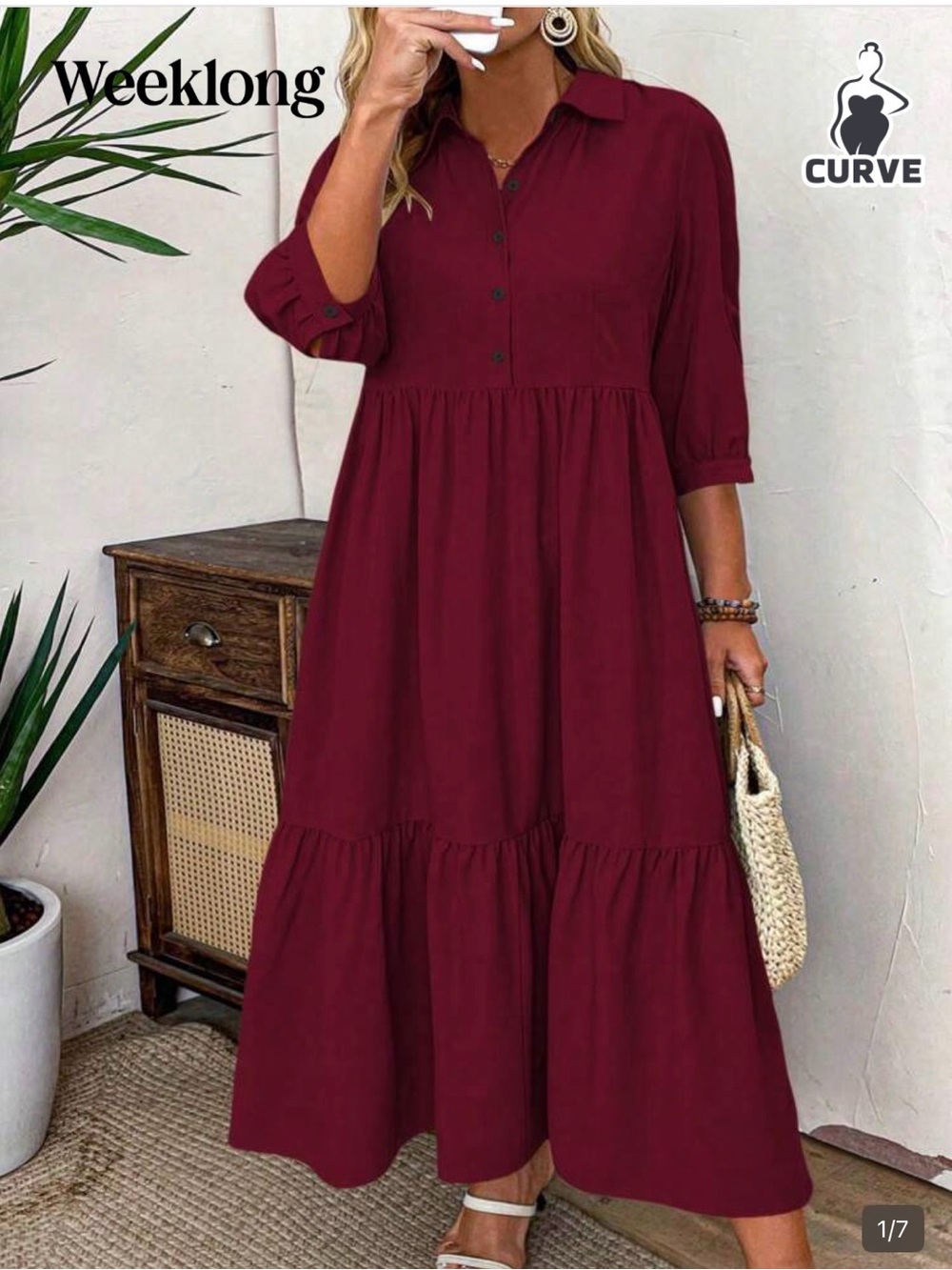 SHEIN Burgundy Button-Front Tiered Maxi Dress